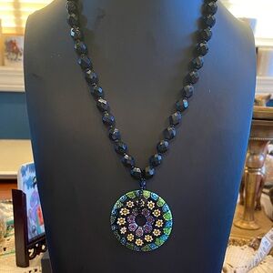Elegant Black Crystal Beaded Necklace and Milifiori Pendant